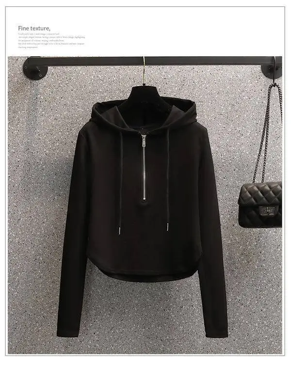 Black Hooded Hoodie Women's Slimming Cotton Spring Summer Wear — feature 7
