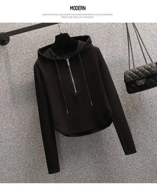 Black Hooded Hoodie Women's Slimming Cotton Spring Summer Wear — feature 8