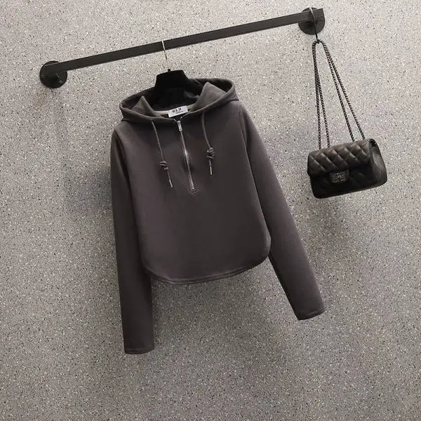 Black Hooded Hoodie Women's Slimming Cotton Spring Summer Wear - Image 3