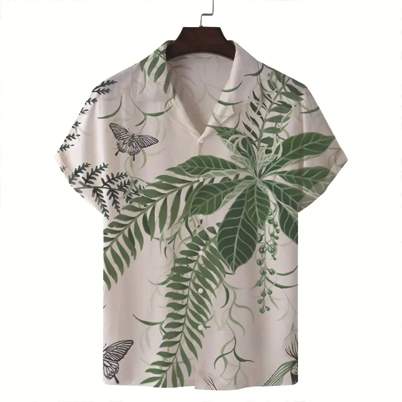 Men Blue White Tropical Print Short Sleeve Shirt — feature 4