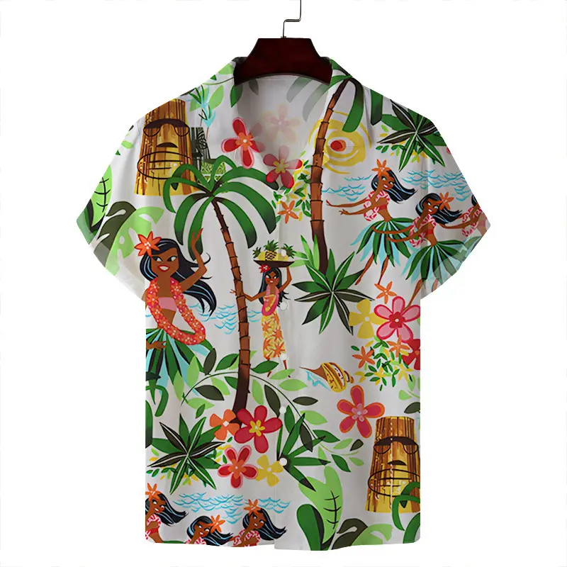 Men Blue White Tropical Print Short Sleeve Shirt - Image 8