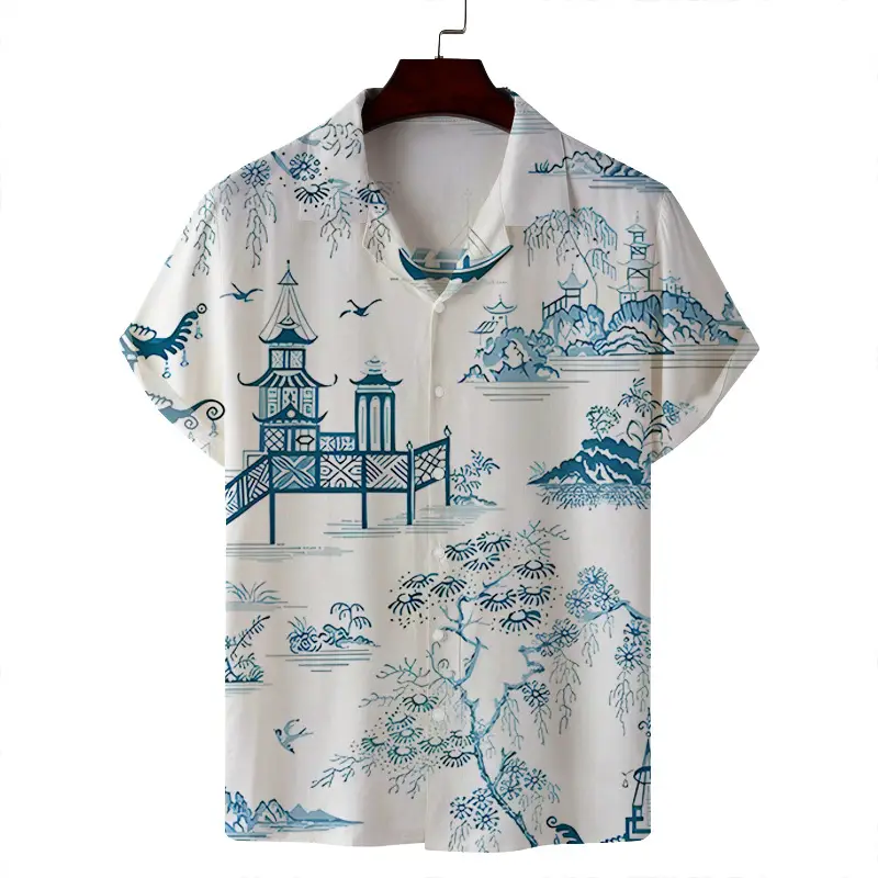 Men Blue White Tropical Print Short Sleeve Shirt - Image 9