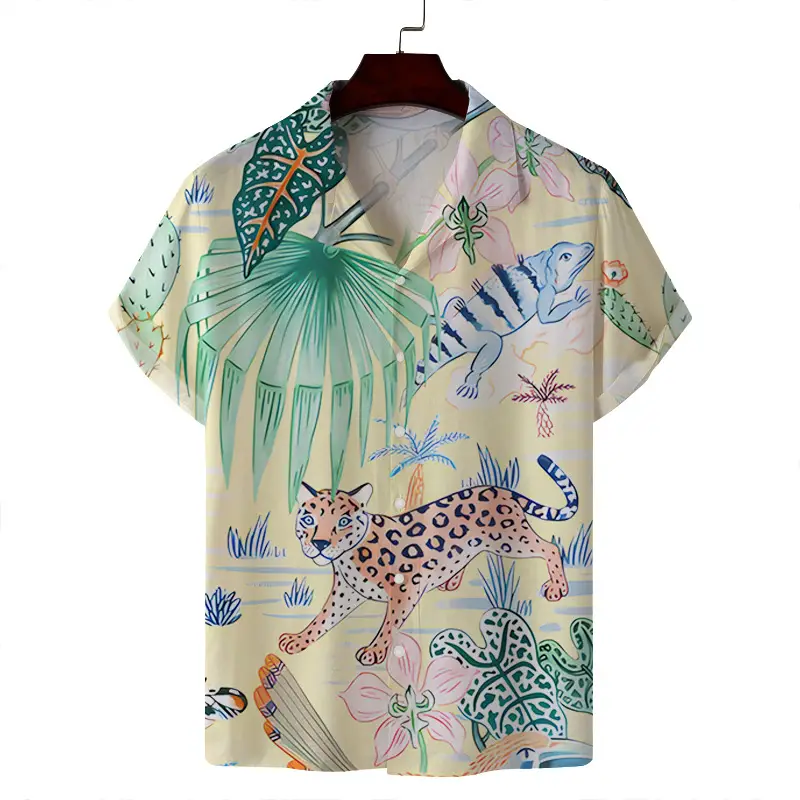 Men Blue White Tropical Print Short Sleeve Shirt - Image 10