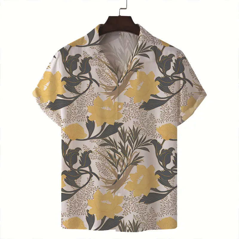Men Blue White Tropical Print Short Sleeve Shirt - Image 3