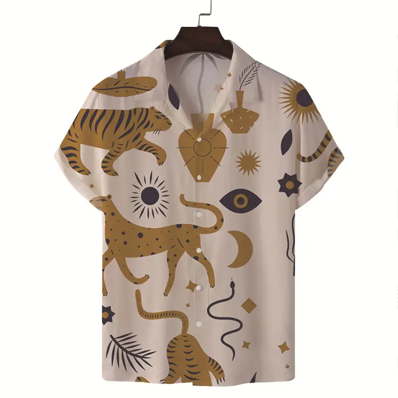 Men Blue White Tropical Print Short Sleeve Shirt - Image 2