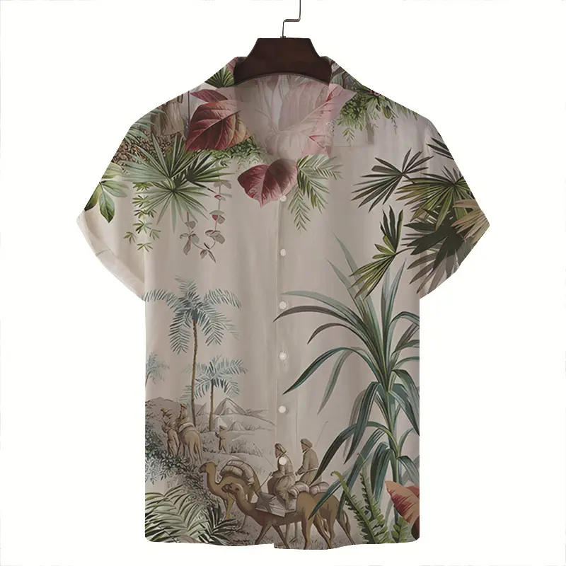Men Blue White Tropical Print Short Sleeve Shirt — feature 7