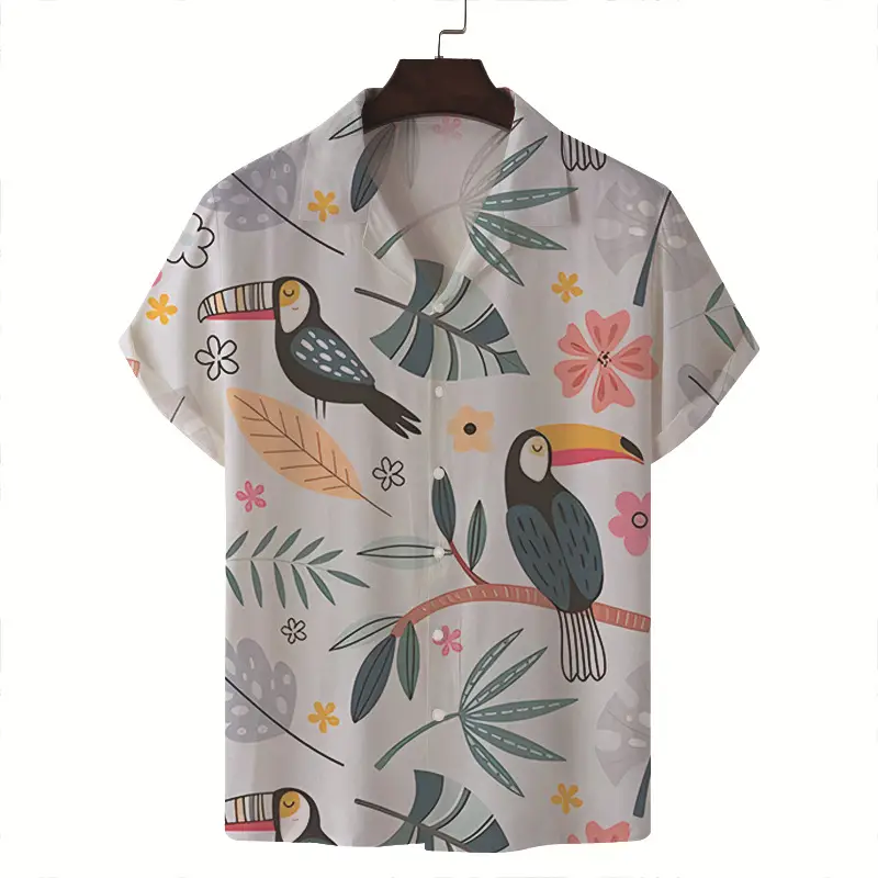 Men Blue White Tropical Print Short Sleeve Shirt - Image 5
