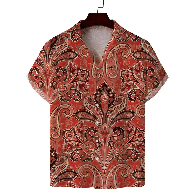 Men Blue White Tropical Print Short Sleeve Shirt - Image 6