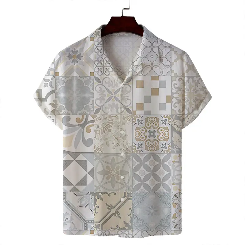 Men Blue White Tropical Print Short Sleeve Shirt — feature 10