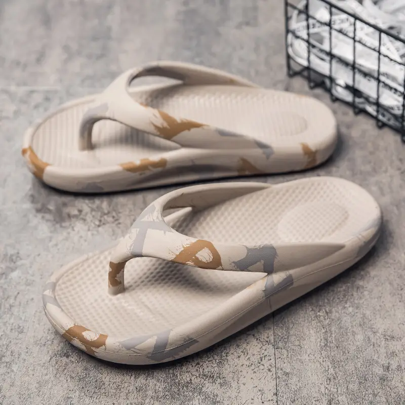 Men's Camo Printed Flip Flops Large White Thick Sole