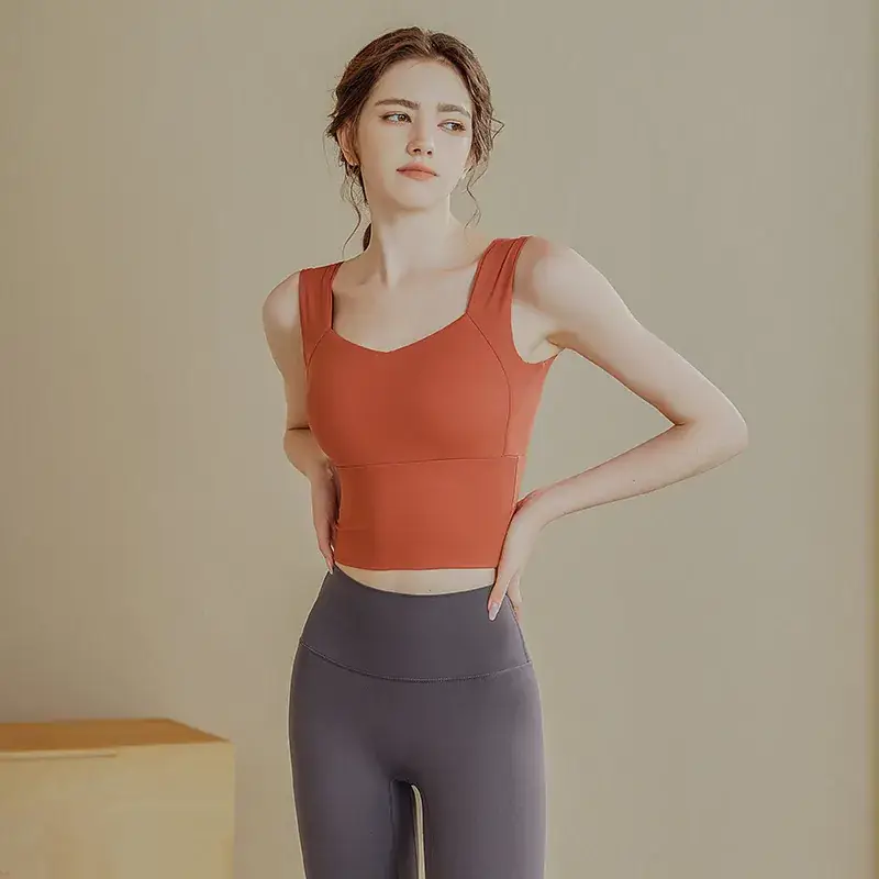 Women Orange Yoga Top Wide Strap High Waist