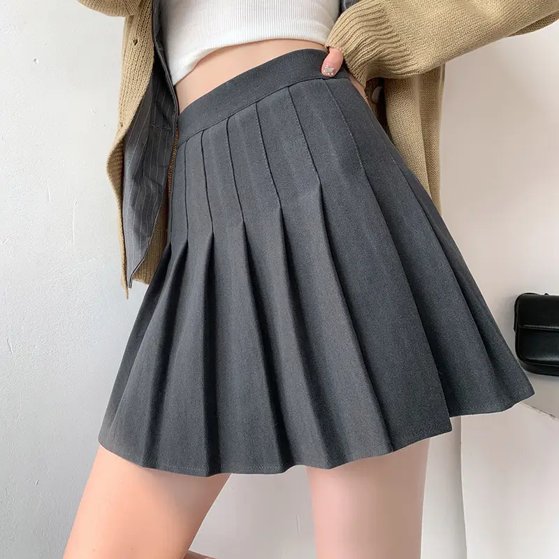 Women High Waist Pleated Skirt Black Winter Warm