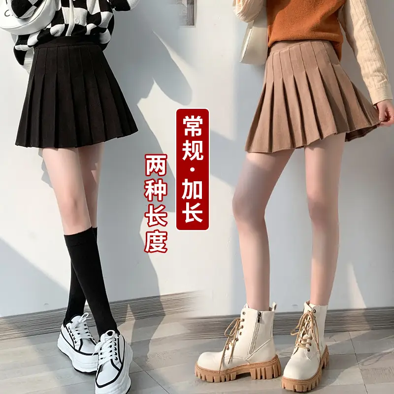 Women High Waist Pleated Skirt Black Winter Warm