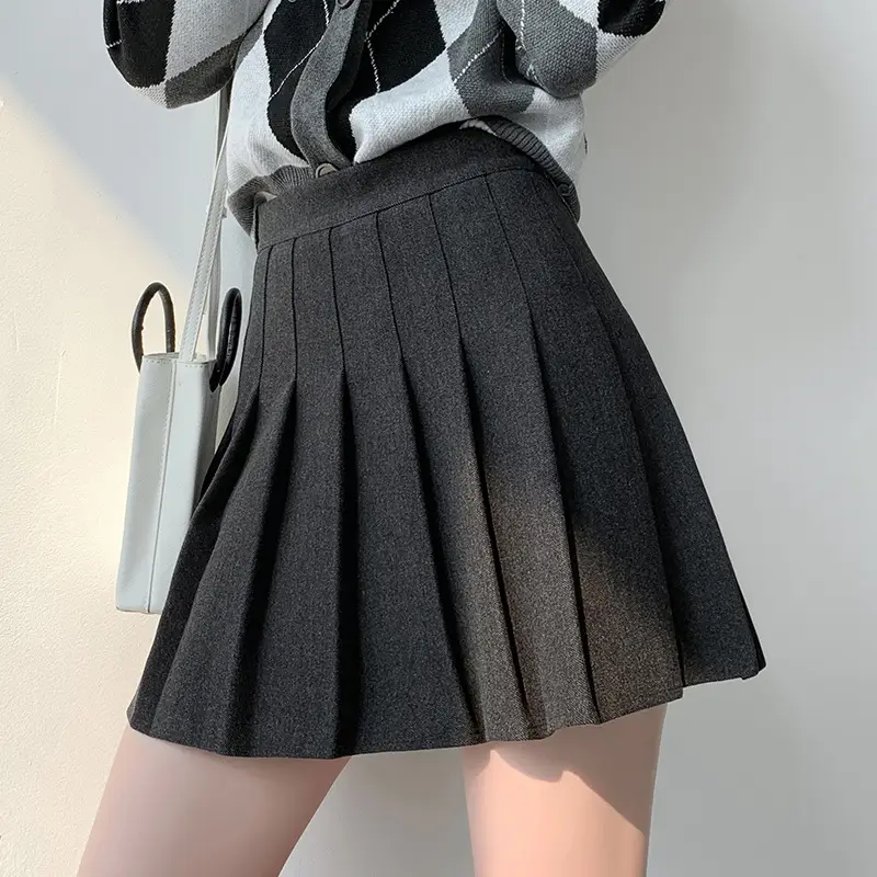 Women High Waist Pleated Skirt Black Winter Warm