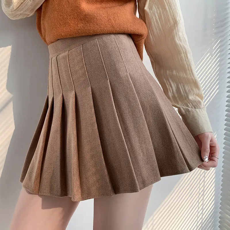 Women High Waist Pleated Skirt Black Winter Warm