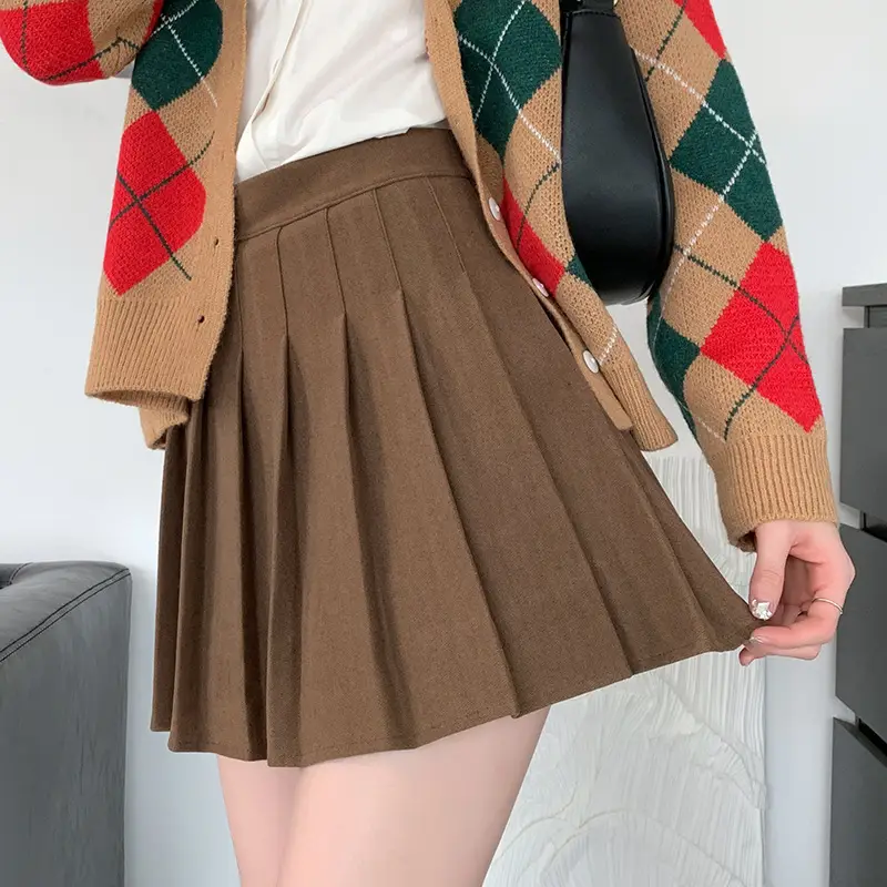 Women High Waist Pleated Skirt Black Winter Warm