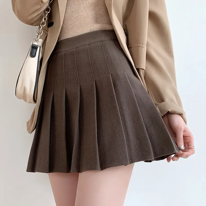 Women High Waist Pleated Skirt Black Winter Warm