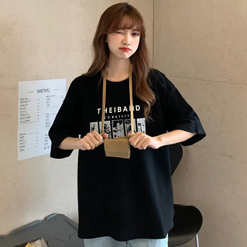 Women Loose Fit T-Shirt 2021 Korean Style Black Beige White — feature 13
