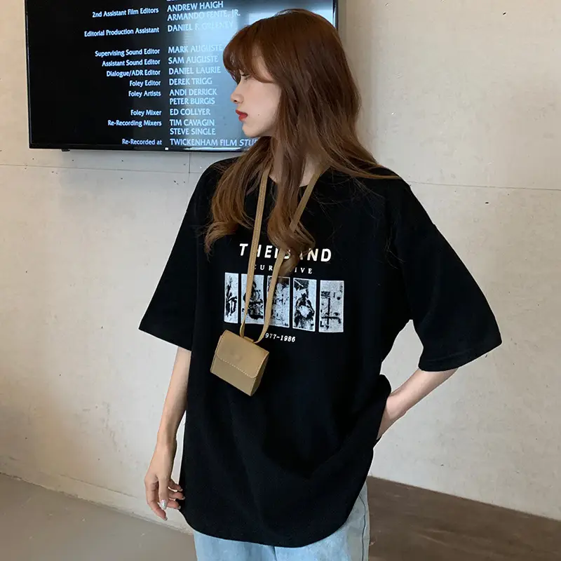 Women Loose Fit T-Shirt 2021 Korean Style Black Beige White — feature 17