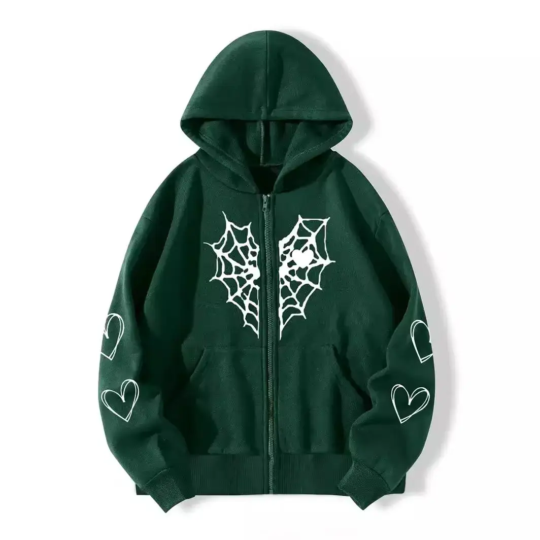 Grey Fleece Hoodie with Spider Web & Heart Print - Image 22
