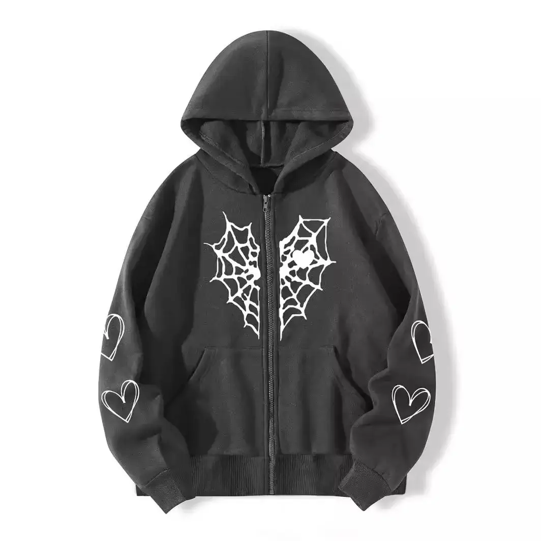Grey Fleece Hoodie with Spider Web & Heart Print - Image 23