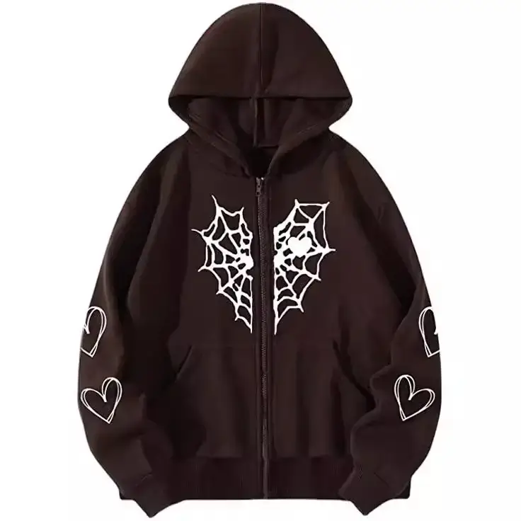 Grey Fleece Hoodie with Spider Web & Heart Print - Image 25