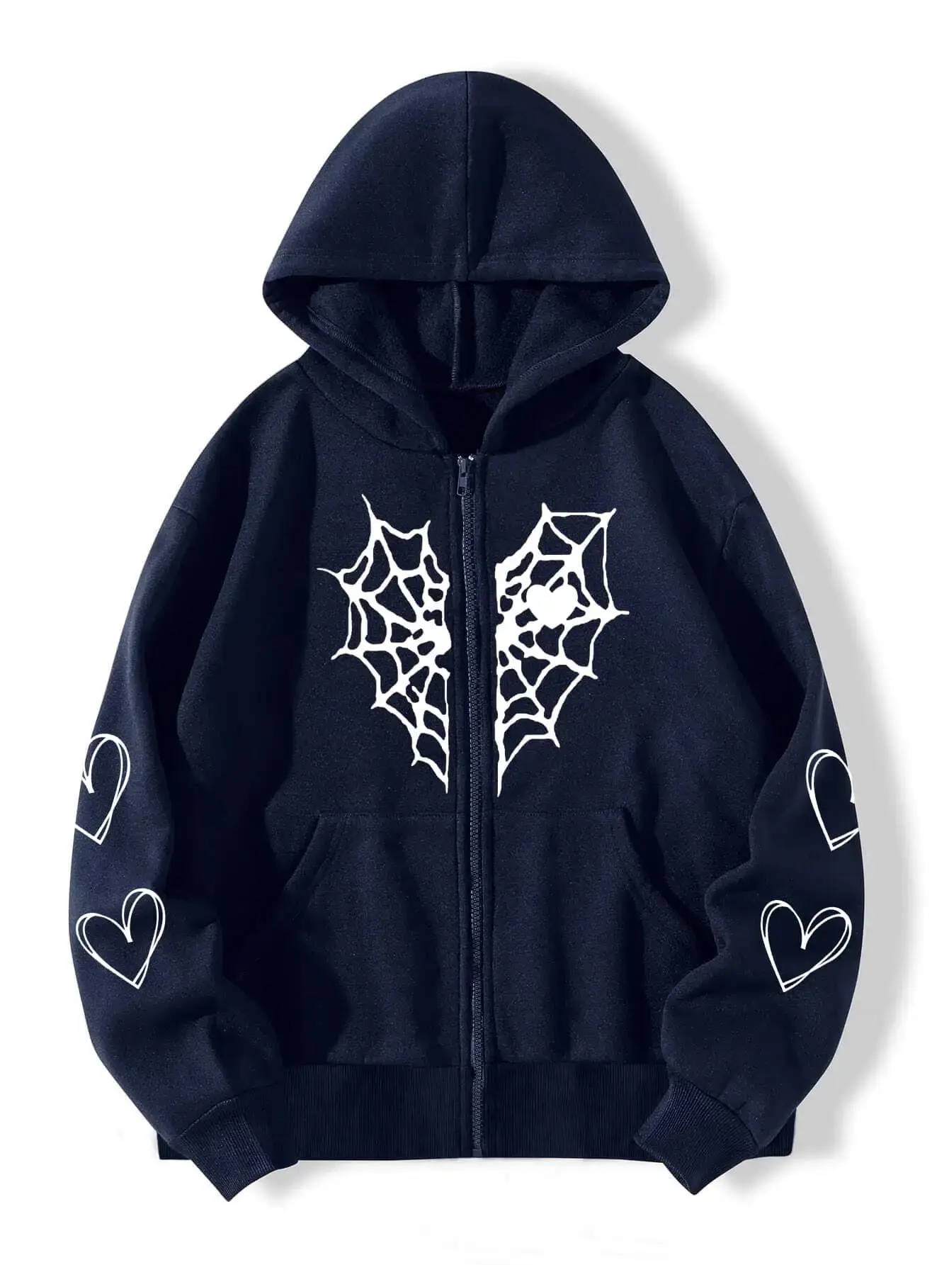 Grey Fleece Hoodie with Spider Web & Heart Print - Image 3