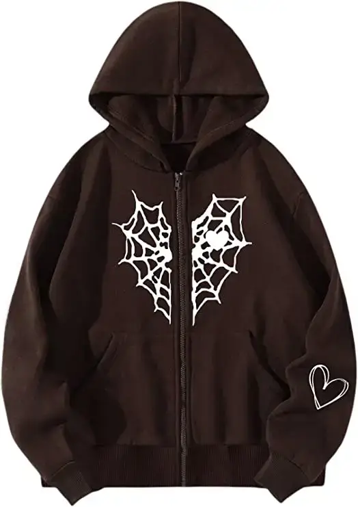 Grey Fleece Hoodie with Spider Web & Heart Print - Image 4