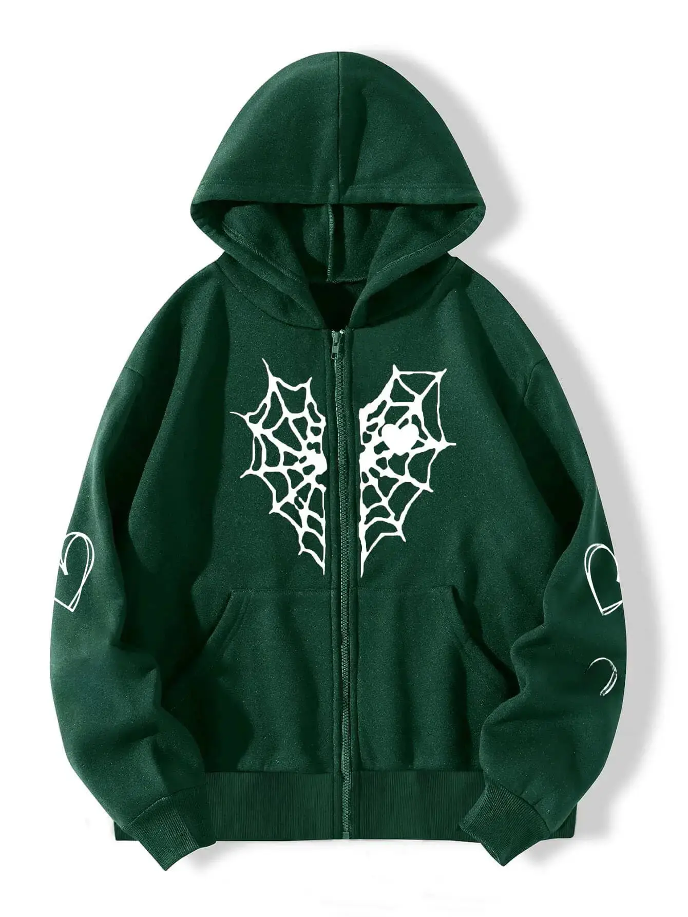 Grey Fleece Hoodie with Spider Web & Heart Print - Image 16