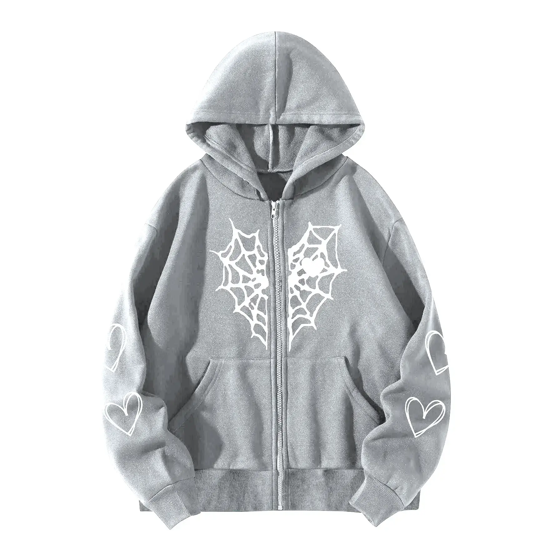Grey Fleece Hoodie with Spider Web & Heart Print - Image 18