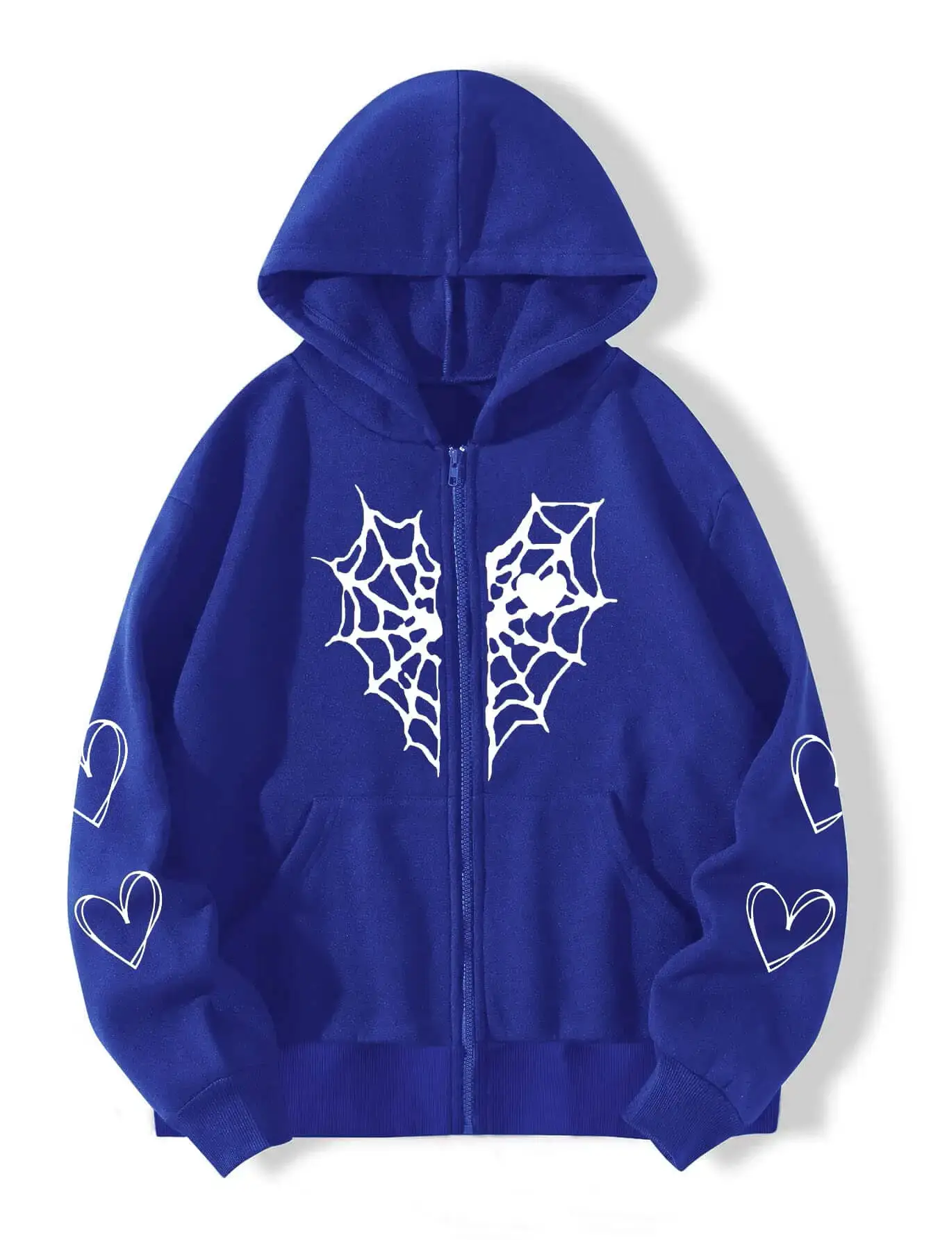 Grey Fleece Hoodie with Spider Web & Heart Print - Image 19