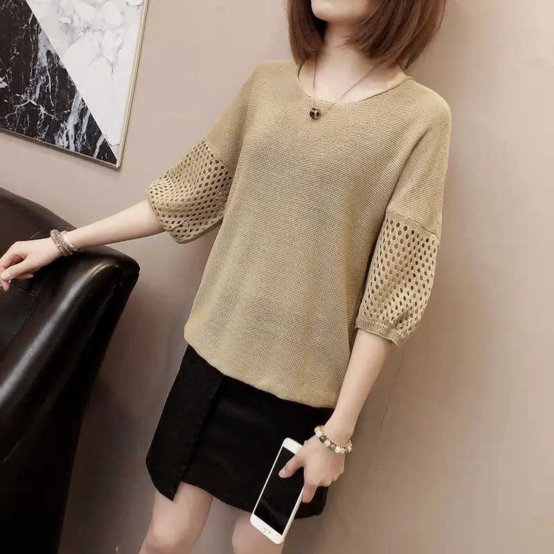 2023 Women Loose Knitted Blouse Short Sleeve V-Neck - Image 8