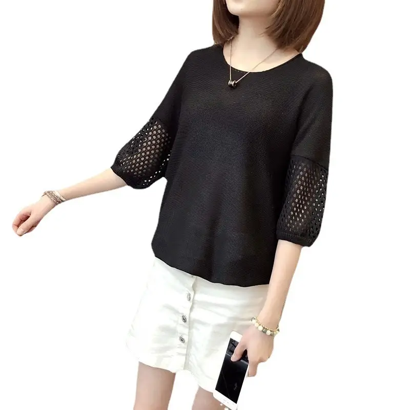 2023 Women Loose Knitted Blouse Short Sleeve V-Neck - Image 9