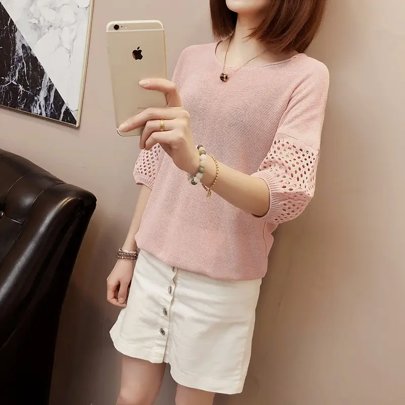 2023 Women Loose Knitted Blouse Short Sleeve V-Neck — feature 10