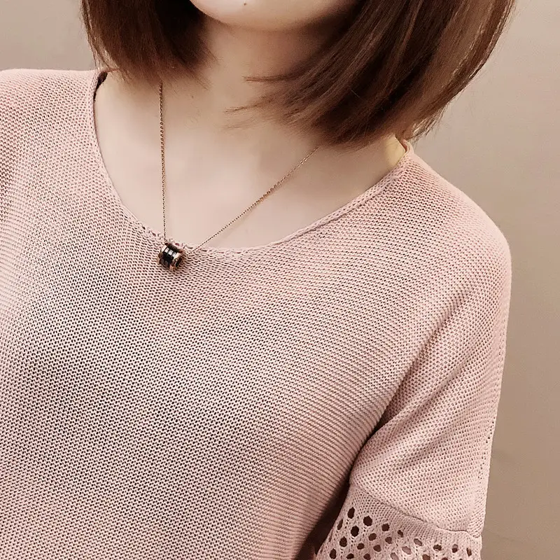 2023 Women Loose Knitted Blouse Short Sleeve V-Neck — feature 11
