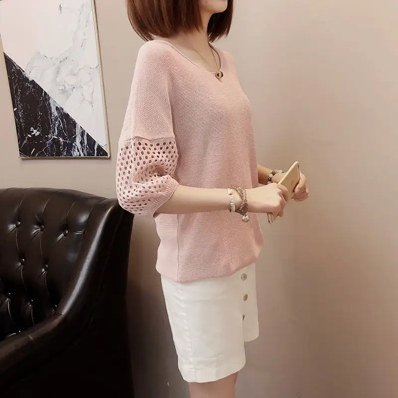 2023 Women Loose Knitted Blouse Short Sleeve V-Neck — feature 12