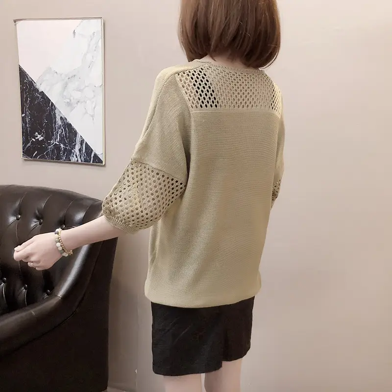 2023 Women Loose Knitted Blouse Short Sleeve V-Neck — feature 15