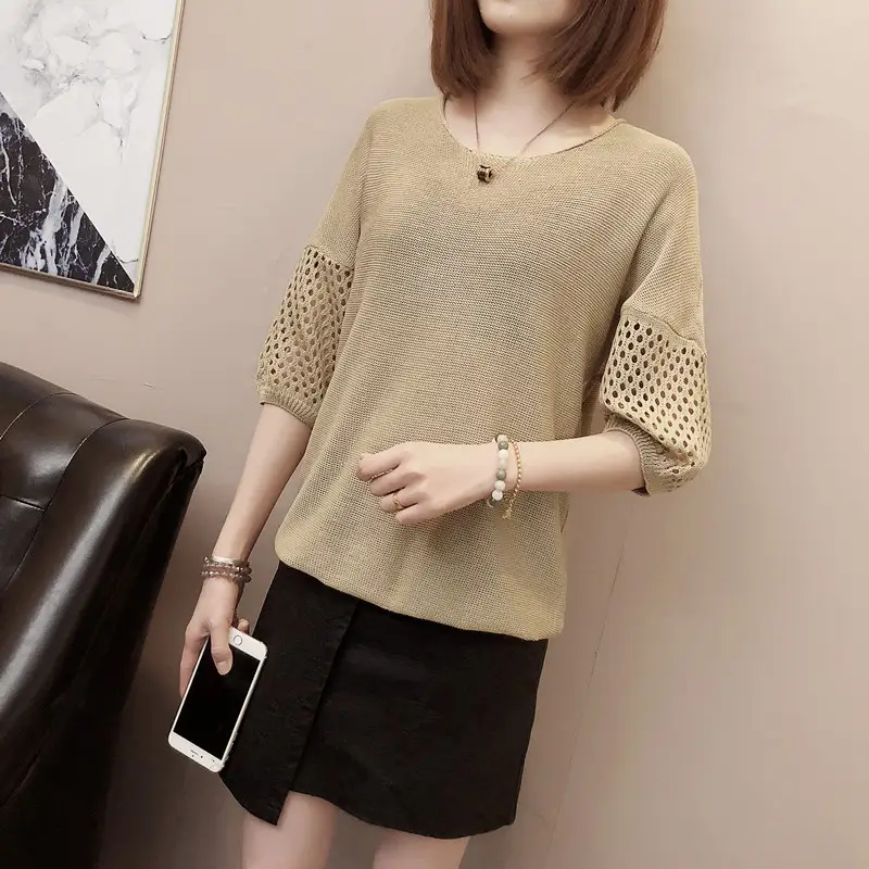 2023 Women Loose Knitted Blouse Short Sleeve V-Neck — feature 16