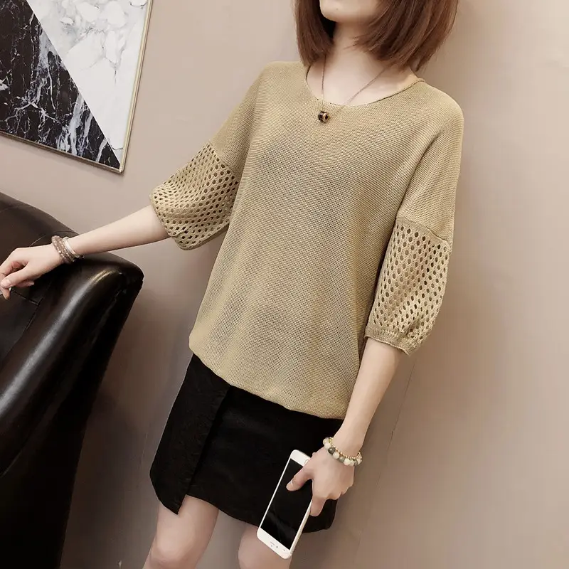 2023 Women Loose Knitted Blouse Short Sleeve V-Neck — feature 17