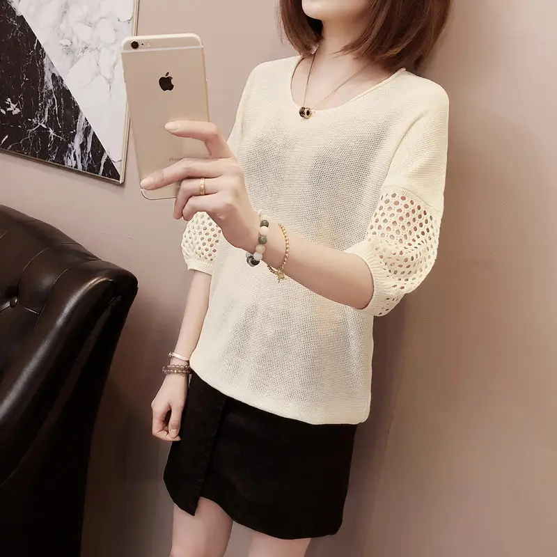 2023 Women Loose Knitted Blouse Short Sleeve V-Neck — feature 18