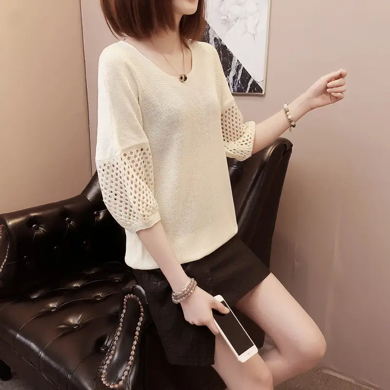 2023 Women Loose Knitted Blouse Short Sleeve V-Neck — feature 21