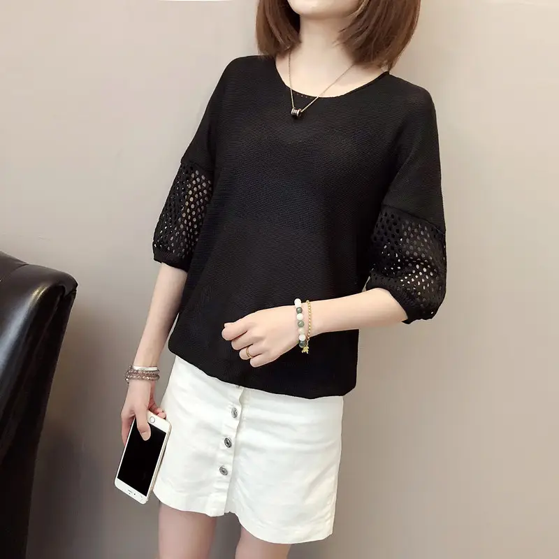 2023 Women Loose Knitted Blouse Short Sleeve V-Neck — feature 24