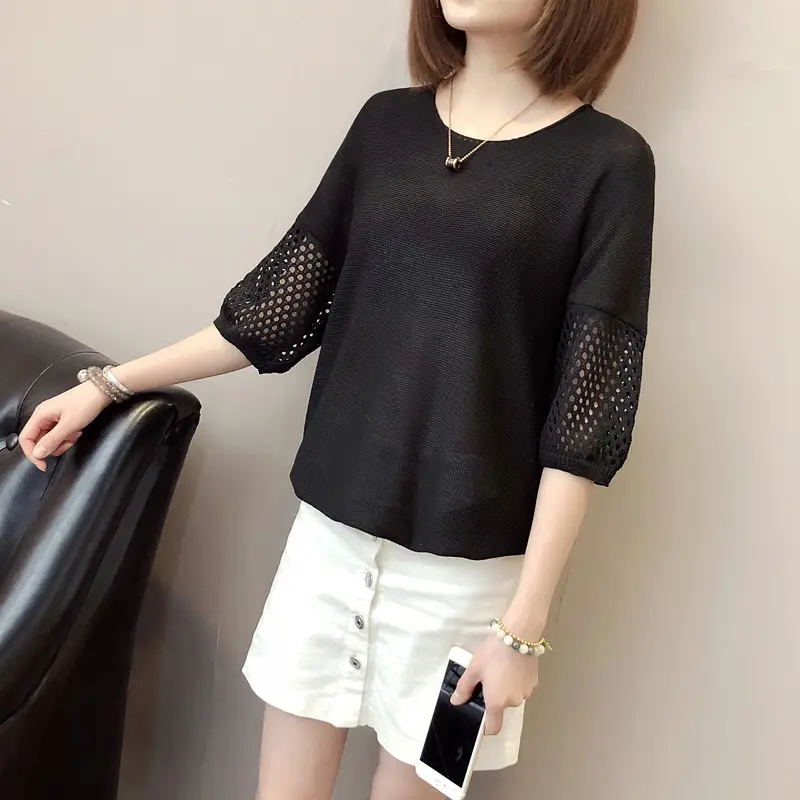 2023 Women Loose Knitted Blouse Short Sleeve V-Neck — feature 25