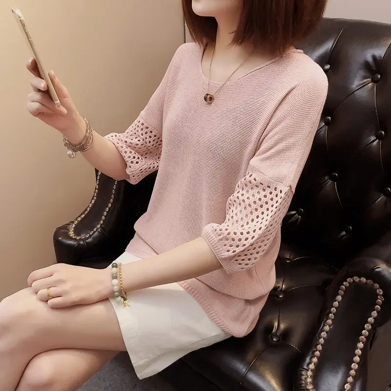 2023 Women Loose Knitted Blouse Short Sleeve V-Neck — feature 6