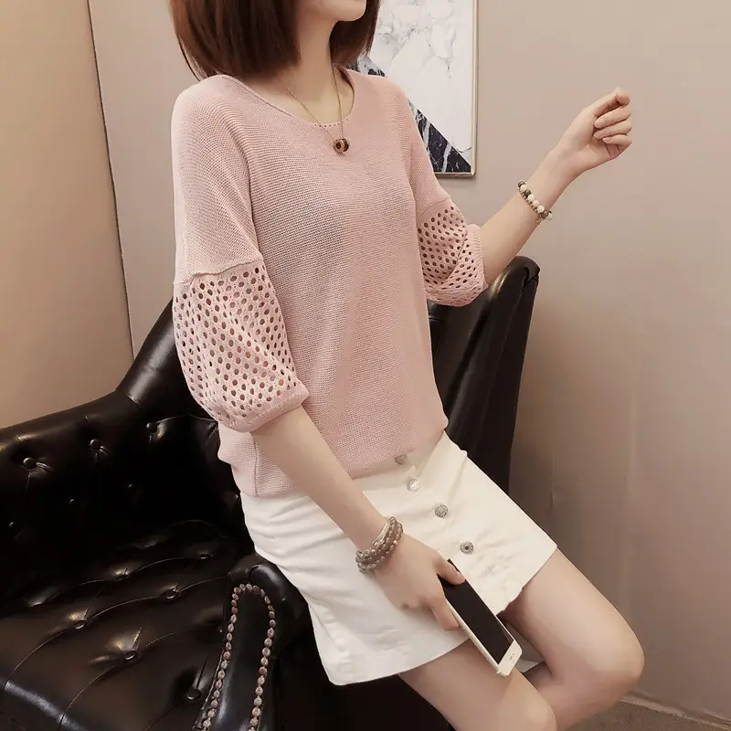 2023 Women Loose Knitted Blouse Short Sleeve V-Neck — feature 7