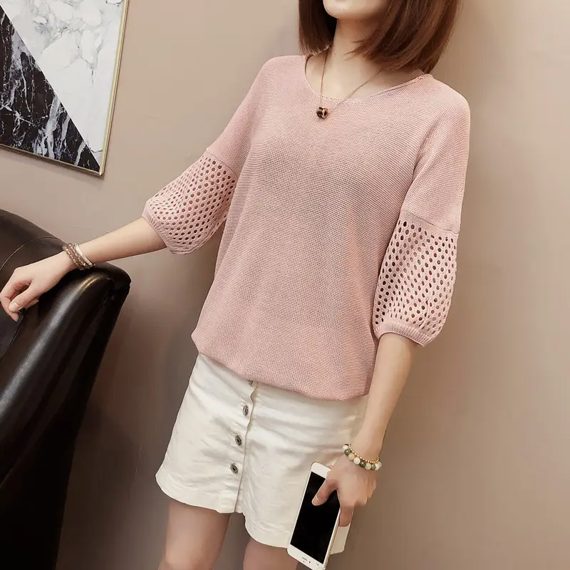 2023 Women Loose Knitted Blouse Short Sleeve V-Neck — feature 8