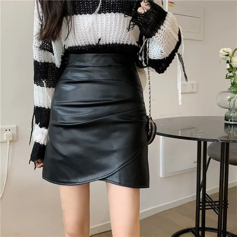 Irregular Pleated Leather Mini Skirt Women 2026 Winter - Image 5