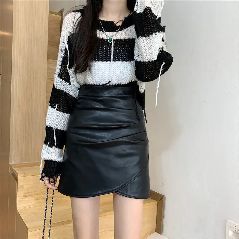 Irregular Pleated Leather Mini Skirt Women 2026 Winter - Image 7