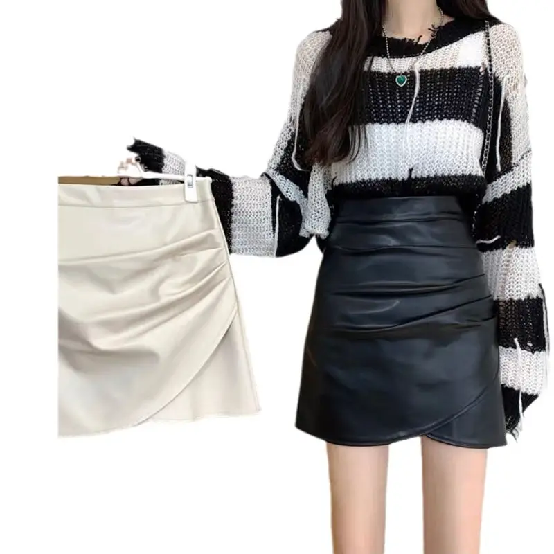 Irregular Pleated Leather Mini Skirt Women 2026 Winter - Image 8