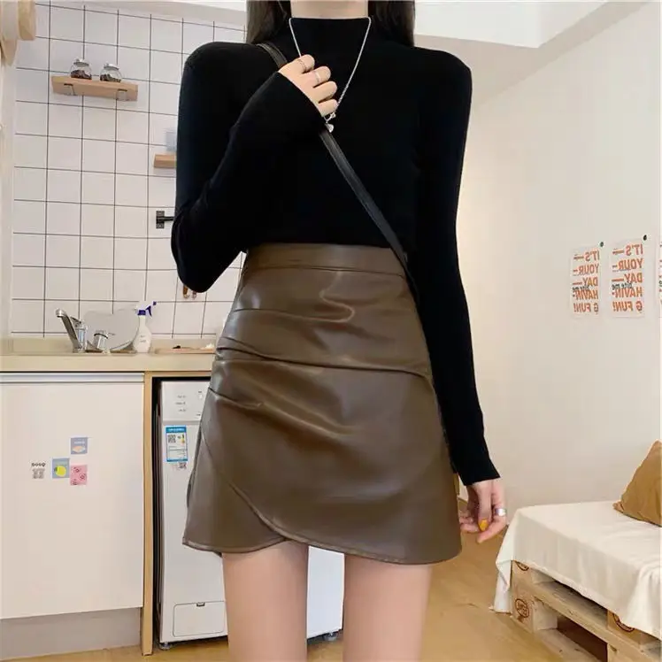 Irregular Pleated Leather Mini Skirt Women 2026 Winter - Image 2